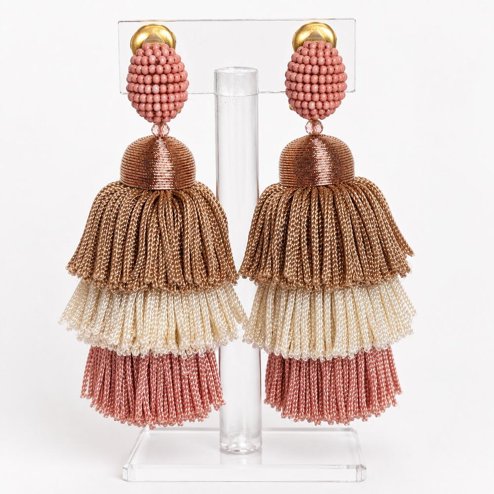 Vintage Oscar de la Renta Tassel Clip On Earrings 3.5" Pink Cream Gold Tiered